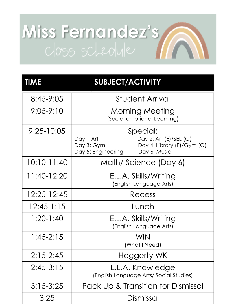 Miss Fernandez's Schedule